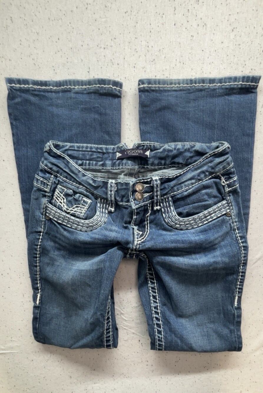 Y2K Vigoss Chelsea Bootcut Women Size 26 Medium Wash Thick Stitch Flap Pocket